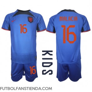 Países Bajos Tyrell Malacia #16 Segunda Equipación Niños Mundial 2022 Manga Corta (+ Pantalones cortos)